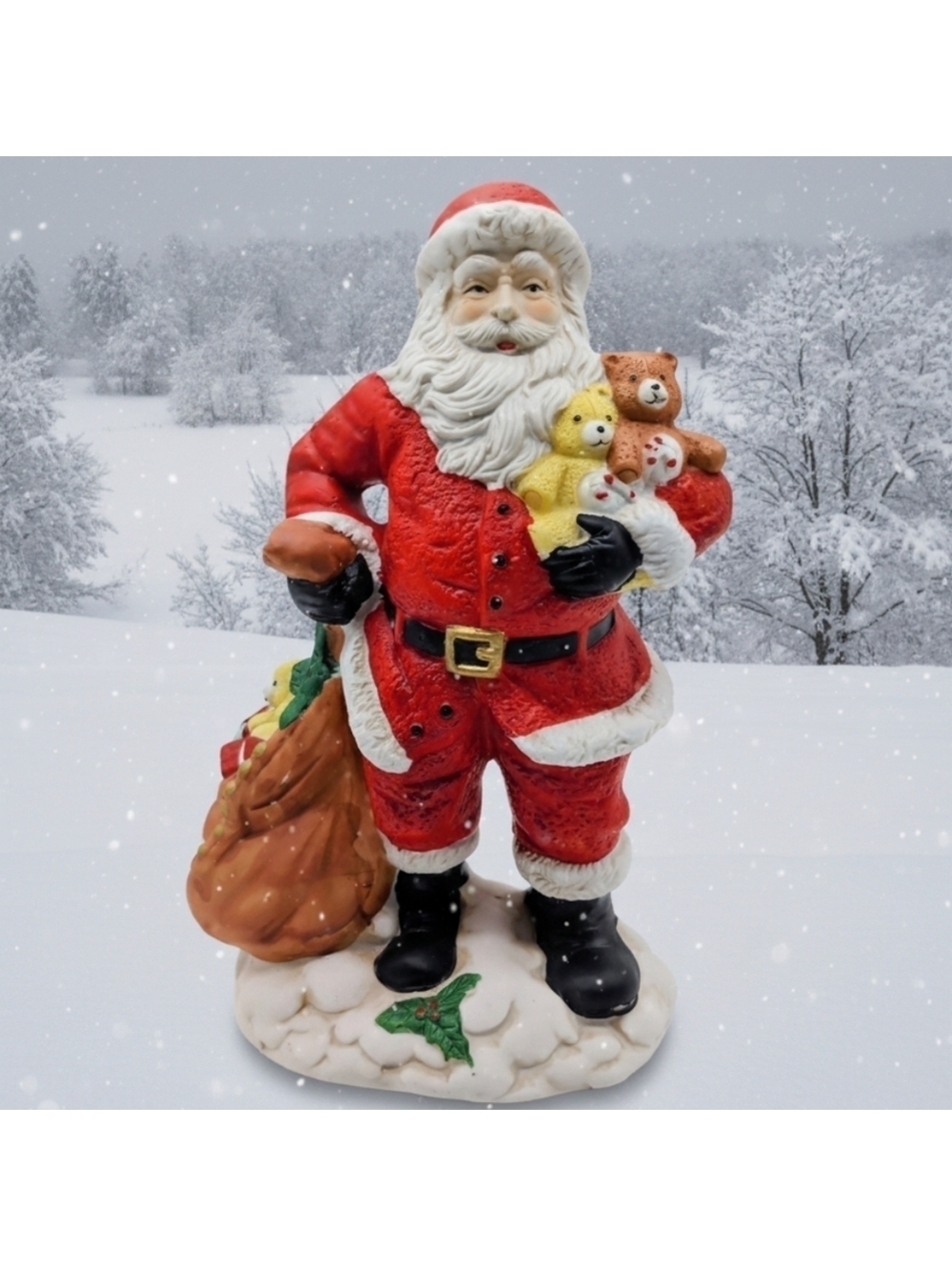 Festive Old World Santa Claus Figurine with Teddy Bear Toy Bag Chalkware 10 in